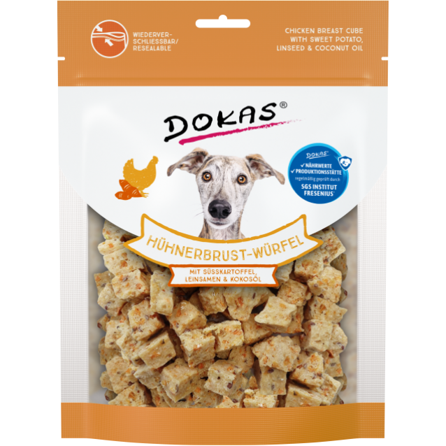 Dokas Λιχουδιές Σκύλου Chicken Breast Cube With Sweet Potato, Linseed & Coconut Oil 150gr