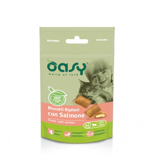 Oasy Σνακ Γάτας Γεμιστά Μπισκοτάκια Με Σολομό 60gr